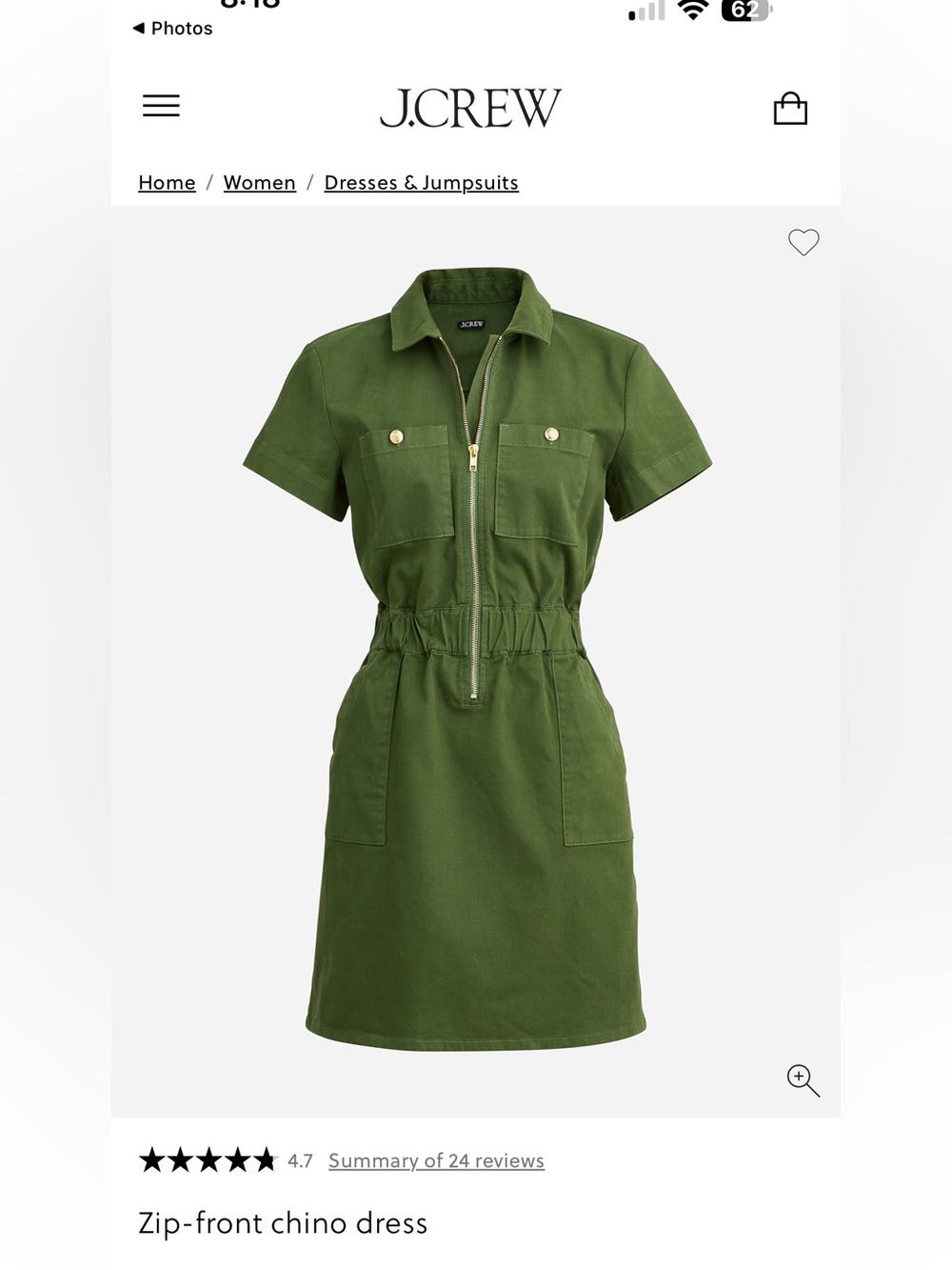 J.Crew Olive Zip-Front Chino Dress - Size 24